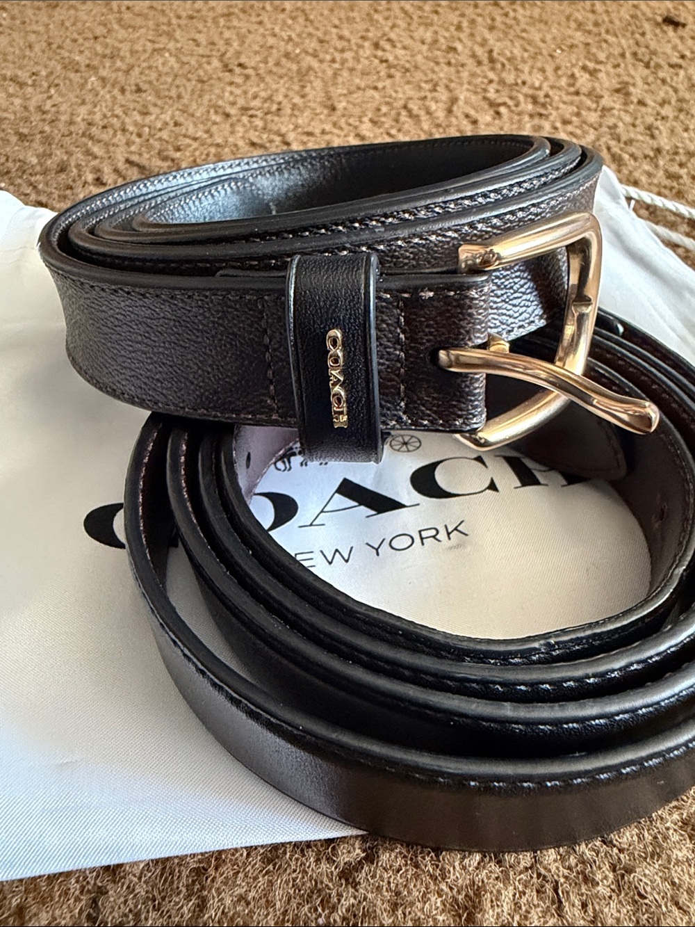 COACH Men's Dark Brown Leather Belt with Gold Buckle